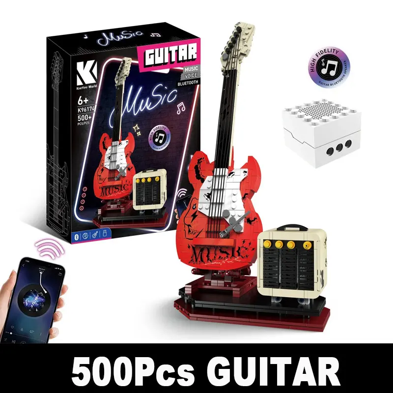 

500Pcs Creative Music Blue-tooth Electric Guitar Building Blocks Speaker Phone Connection Construction Bricks Educational Toy