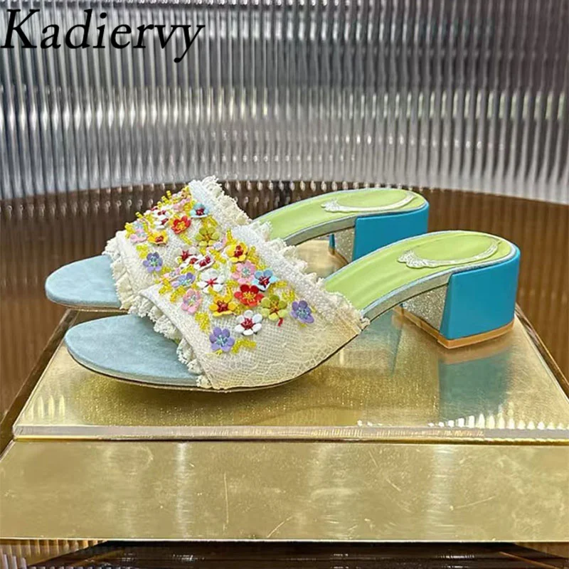 

Summer Slippers Woman Square Heels Pearl Flower Party Shoes Women Mesh Lace Slides Peep Toe High Heels Sandals Women