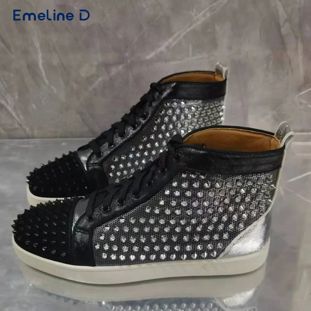 

Black Studded Round Toe Casual Shoes Rivet-Decorated Leather Patchwork Slip-On Lace-Up Shoes Trend Unisex Sports Shoes