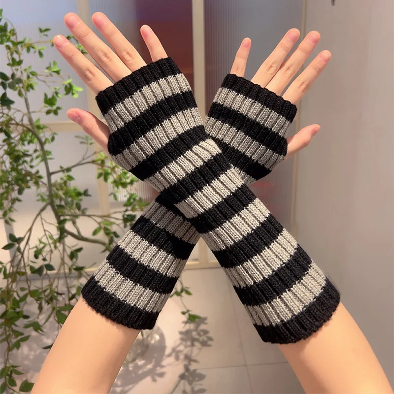 

Y2K Fashion Women Striped Elbow Gloves Warmer Knitted Yarn Long Fingerless Gloves Half Finger Arm Sleeves Winter Elbow Mittens