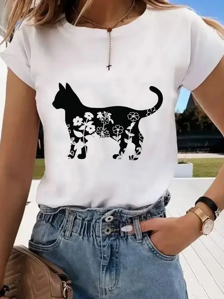 Camiseta feminina com manga curta, gato animal, roupa estilo adorável, camiseta feminina, camiseta gráfica para senhora, moda primavera e verão