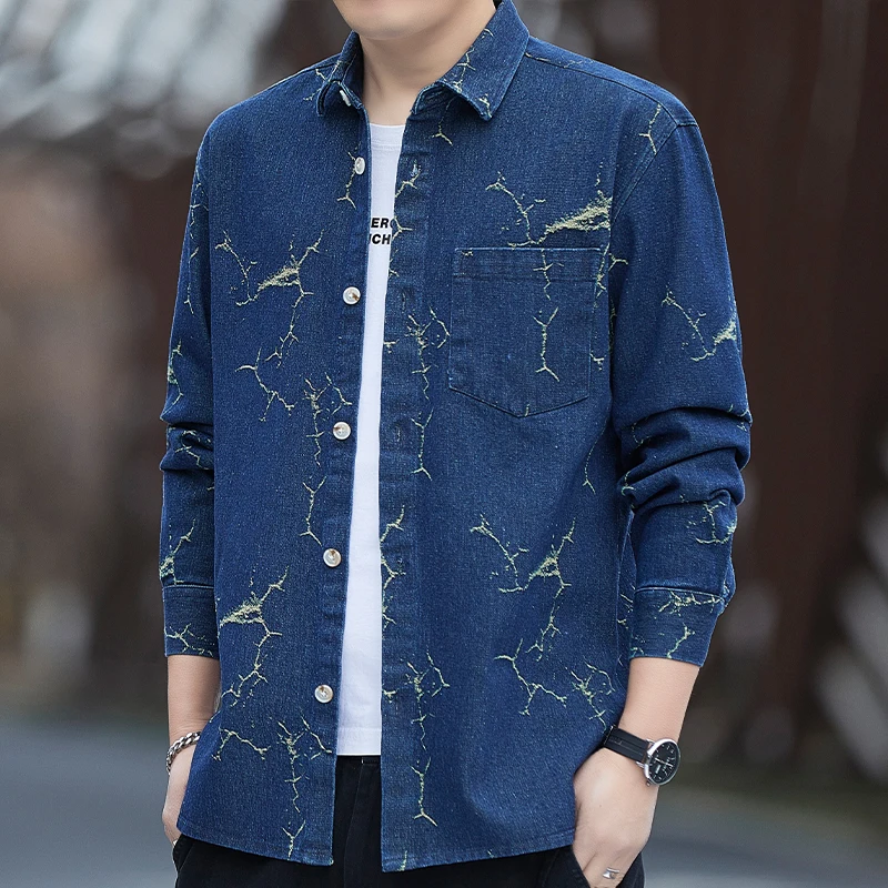2026 Spring Hong Kong Style Men Slim Fit Black Denim Shirts Men Retro Casual Denim Jacket Male Fashion Print Cowboy Shirt
