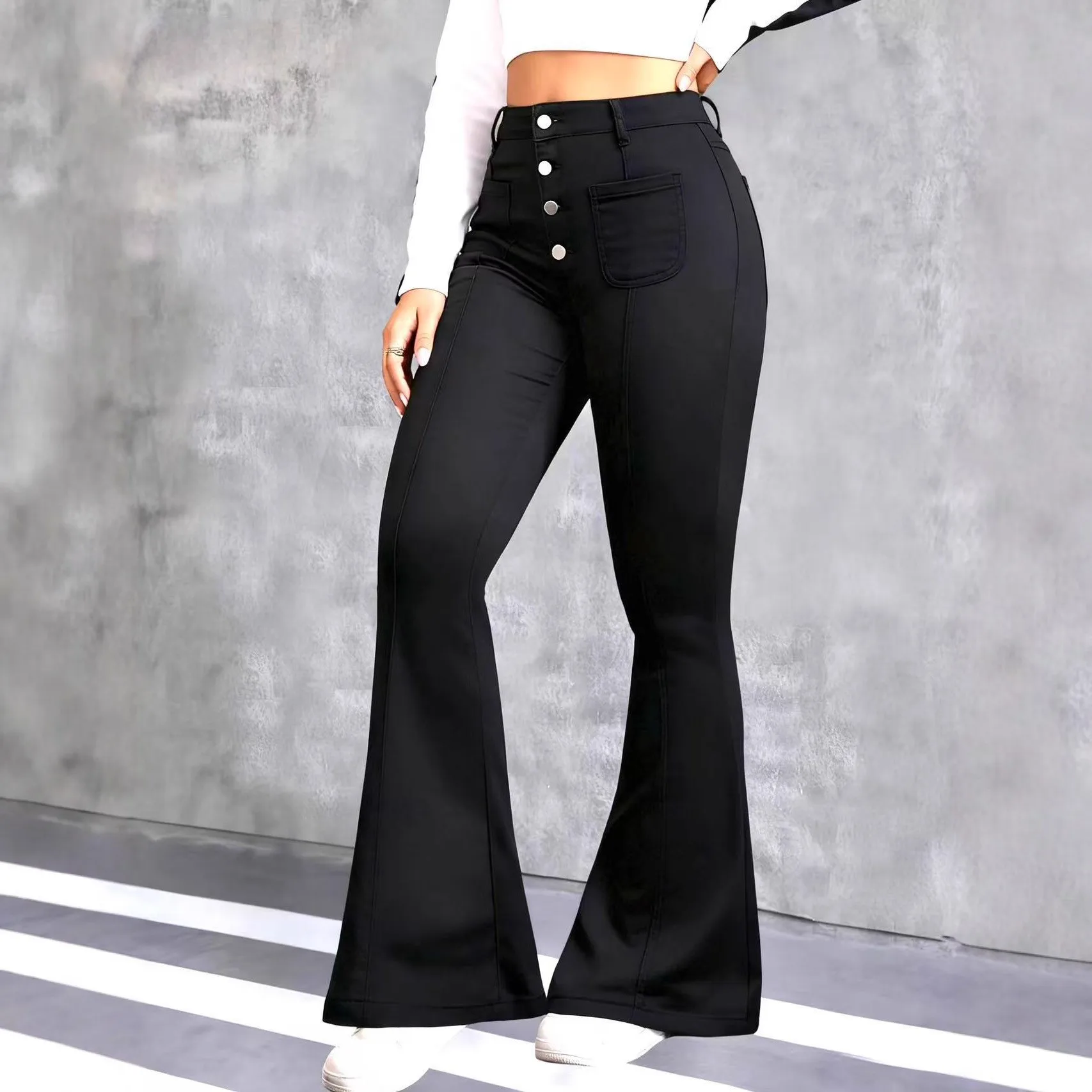 Jeans Flare Pants Women Boot Cut Washed Strecth Mid Waist Single Breasted Streetwear Female Vintage Distressed Trousers Denims