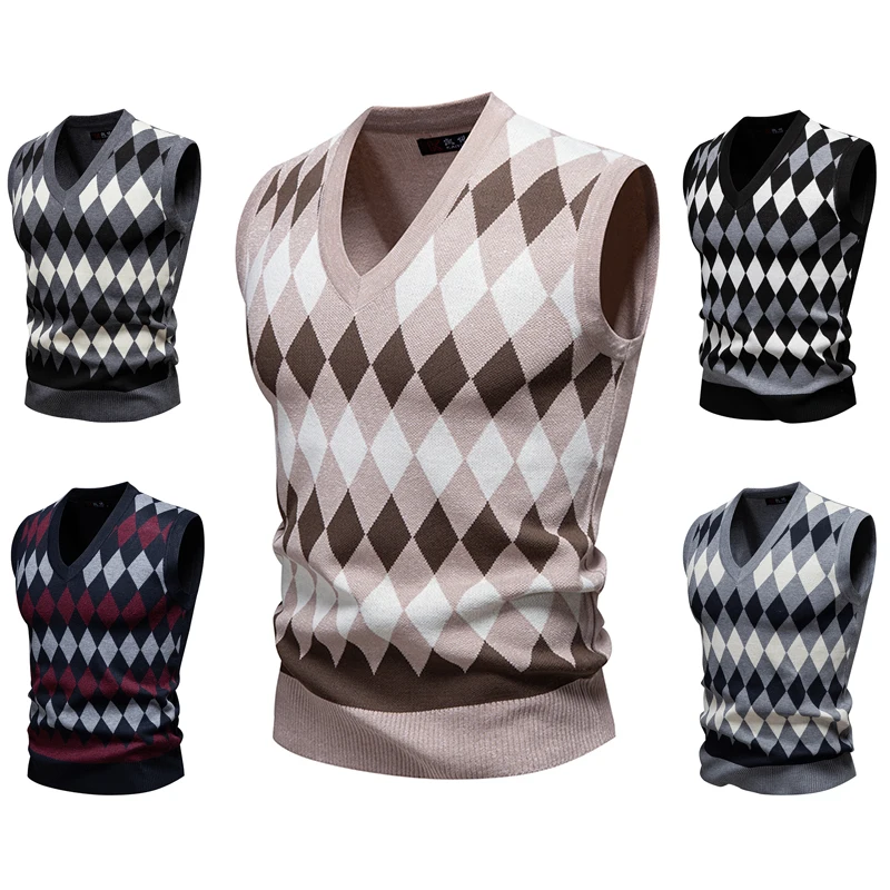 

New Mens Argyle Knitwear Vest V Neck Sleeveless Casual Slim Fit Pullover Knitted Sweater Outdoor Streetwear Casual Tank Tops