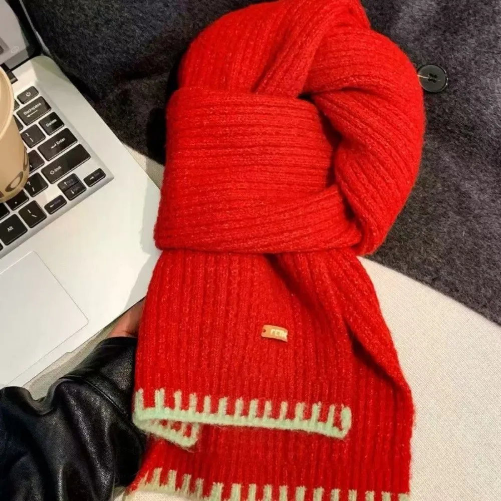 Fashion Knitted Women Knit Yarn Scarf Thermal Windproof Cold Proof Neck Wrap Two Tone Edge Warm Fall Winter Scarf Women