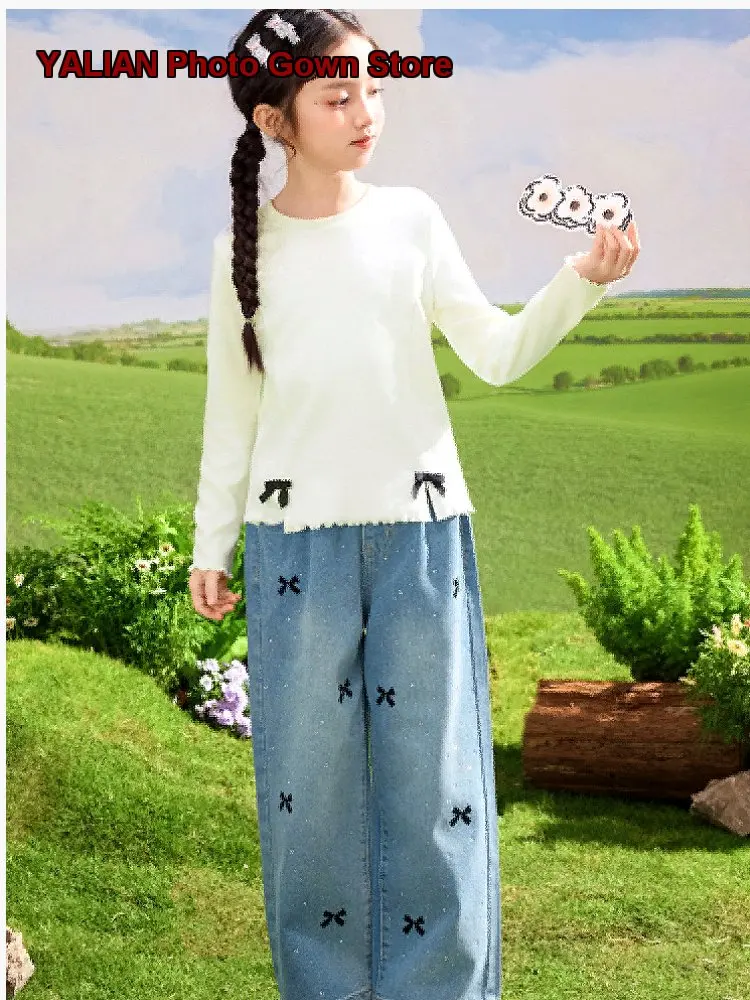Girls Denim Casual Pants Autumn Distressed Embroidered Unique Older Kids