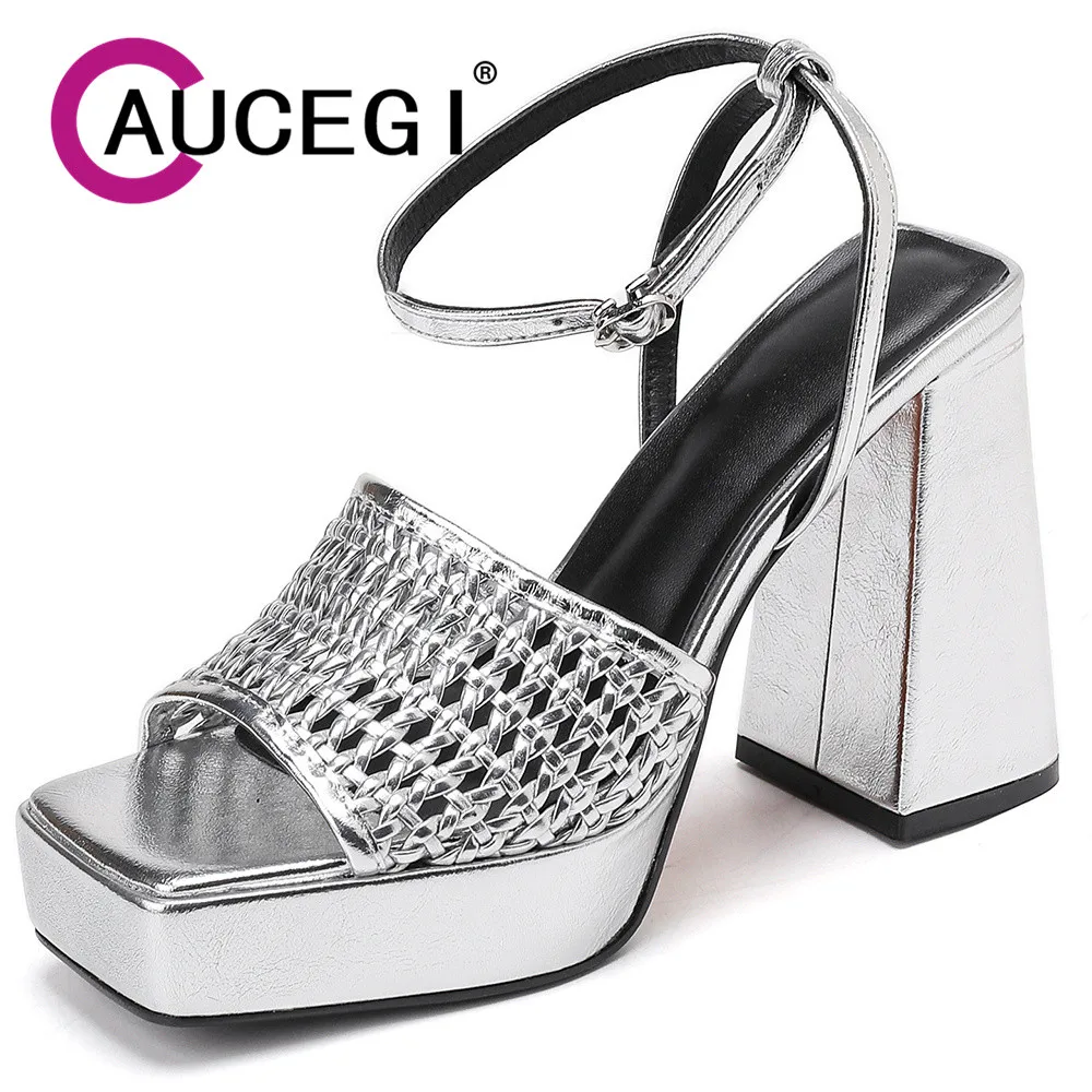 Aucegi Braided Genuine Leather Women Buckle Sandals Platform Chunky High Heel Square Peep Toe Fashion Summer Dancing Shoes