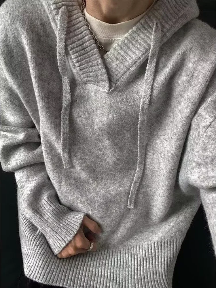 

Laid-ba Sle Hooded Knitted Sweater Men's ey Long Sve Warmth Teenage Top Casual Polyester Fiber Double-sided Wear