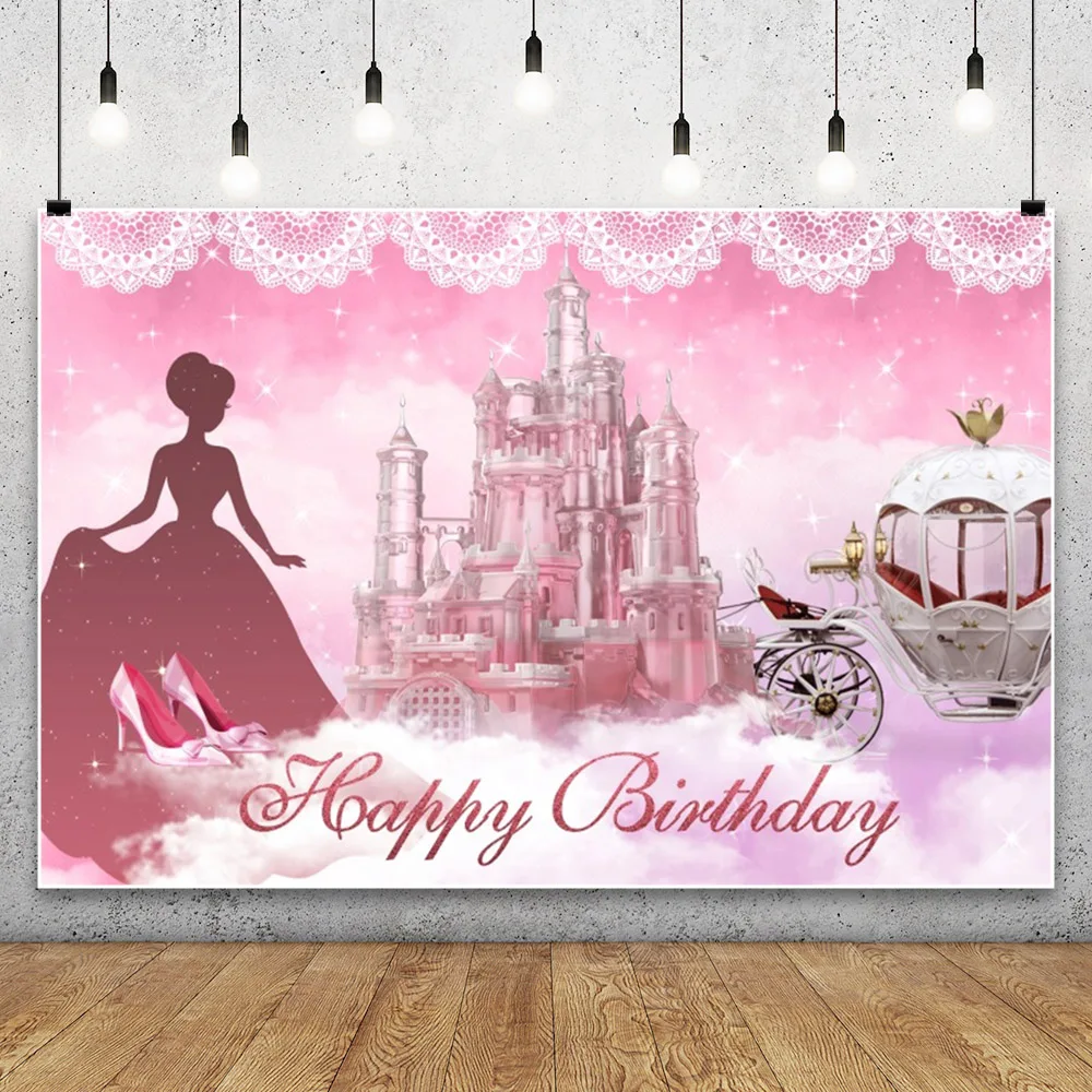 Fairy Tale Pink Castle Background Little Princess Happy Birthday Party Unicorn Carriage Glitter Stars Photography Backdrop Photo