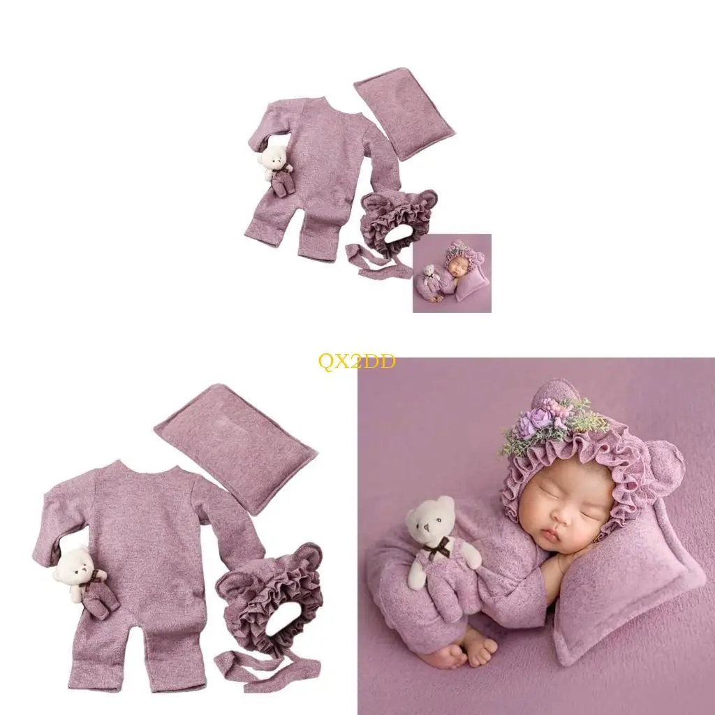

QX2D Newborn Baby Bear Costume Set with Romper & Photography Pillow Infant Bear Toy with Ears Hat & Romper set for 0-6 Months