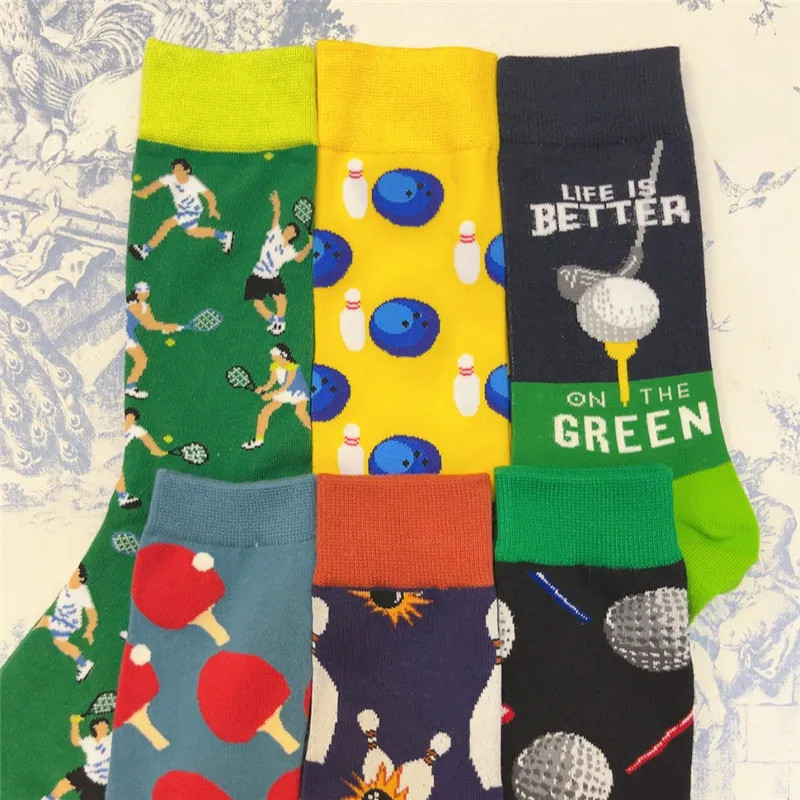 大人のための面白いユニセックス漫画ソックス,ミッドプレイ,ゴルフコース,ボウリングボール,卓球,ピンポン,アスリート,学校,スポーツ,クルー