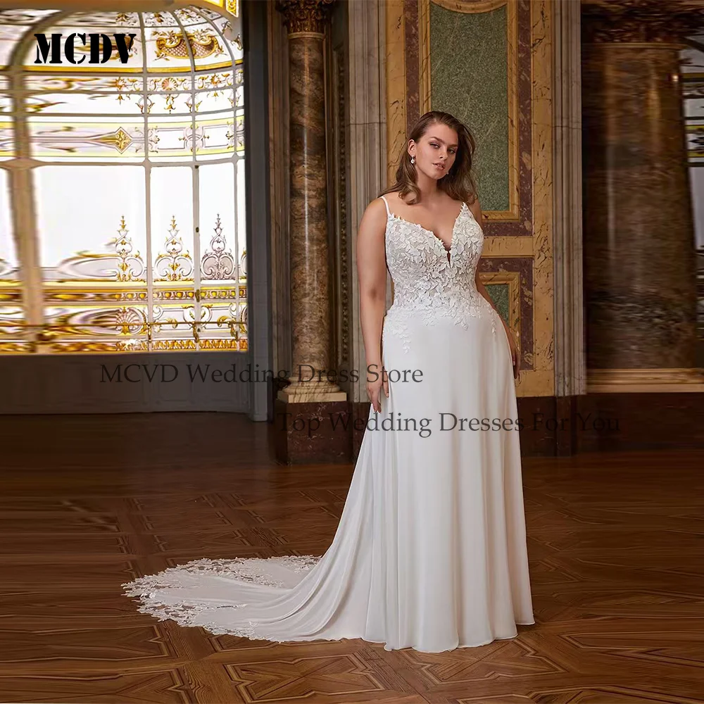 

MCDV Sexy V Neck Wedding Dress Plus Size Women Customized Sleeveless Sequined Applique A Line Sweep Train Bridal Gown for Bride