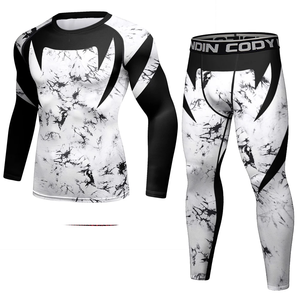 Fitness Camo zestaw sportowy męska koszulka kompresyjna 2 szt. Odzież sportowa do jogi MMA BJJ Rashguard Joggers legginsy siłownia spodenki na siłownię