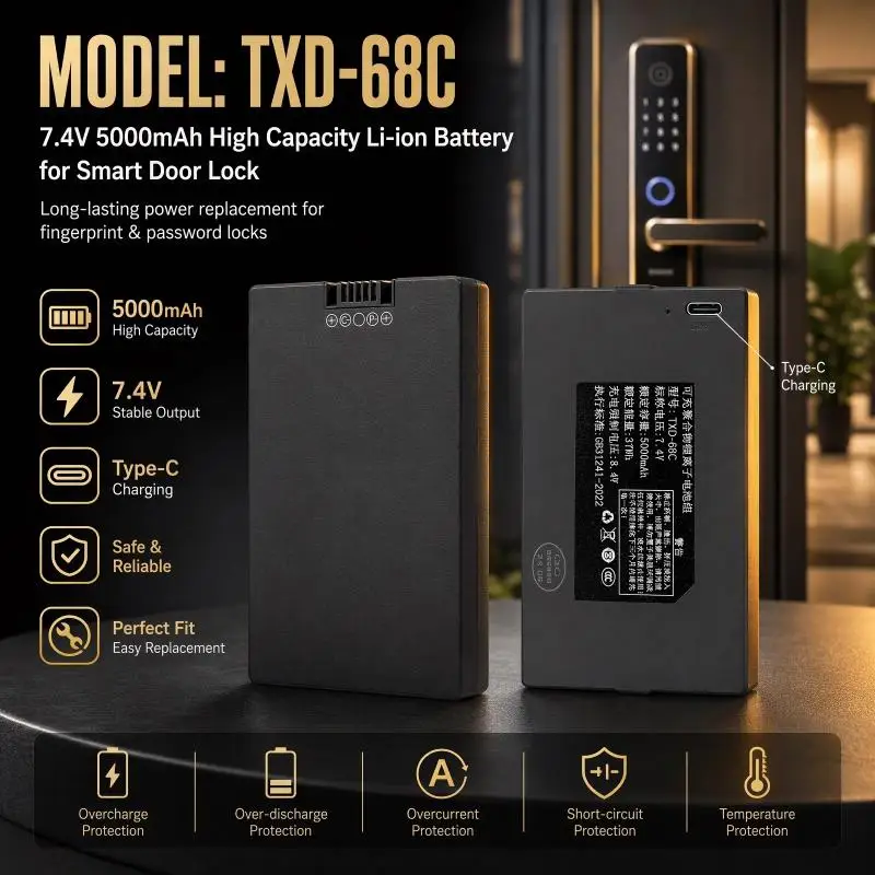 TXD-68C 7.4V 4200/5000mAh High Capacity Rechargeable Li-ion Replacement Battery for Fingerprint Smart Password Door Lock