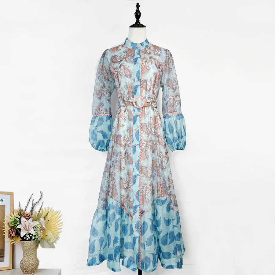 Retro australiano cintura tuerca flor Color Blo Faion un solo botón encaje Patchwork Stand Collar linterna Sve Dr Midi Dr