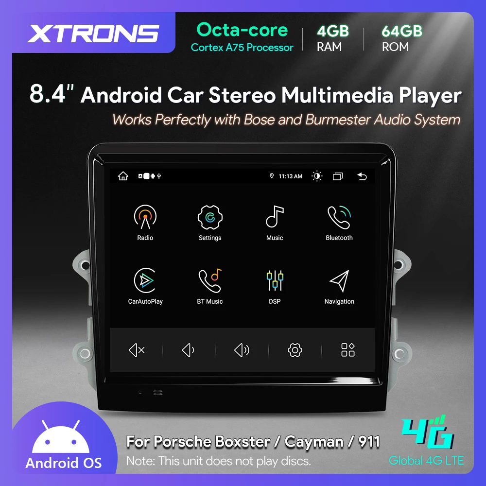 XTRONS 8,4" Octa Core 4+64GB Android 14 voor Porsche Boxster Cayman 981/911, autoradio met multimediafuncties, CarPlay, Android Auto, GPS, DSP en HD.