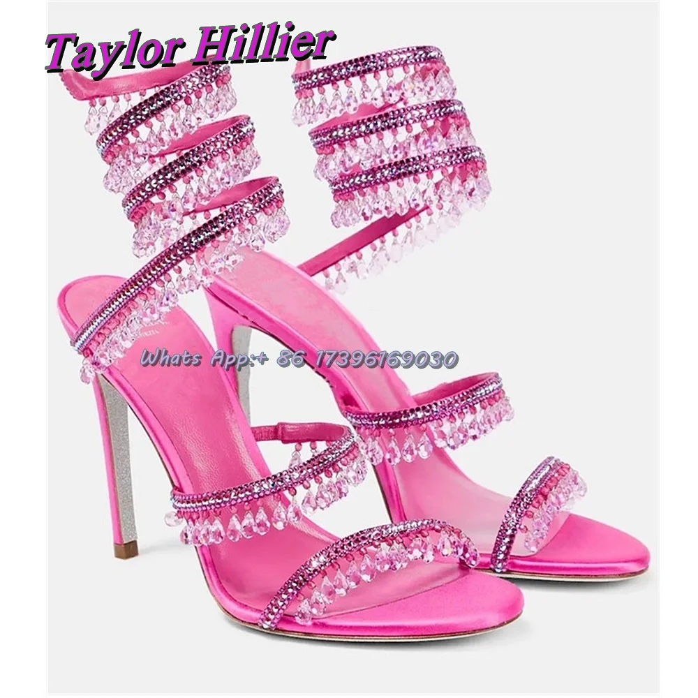 Glittering Crystal Tassels Sandals Winding Pendant Stiletto High Heel Buckle Strap Women Solid 2025 Wedding Dress New Arrival