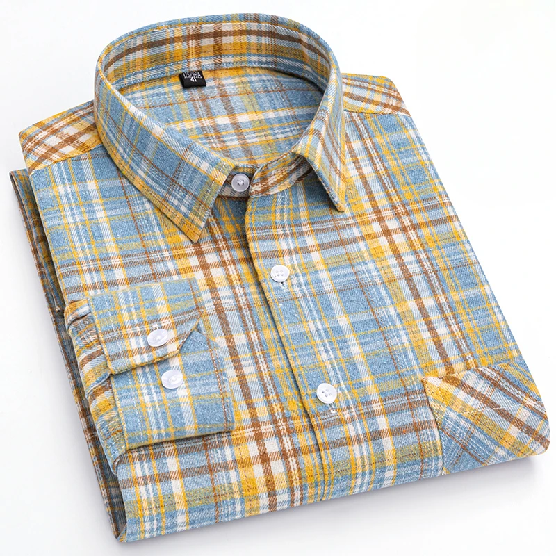 New in shirt 100%cotton brushed long sleeve shirts for man slim fit formal plain shirt soft plaid casual tops elegant clothes