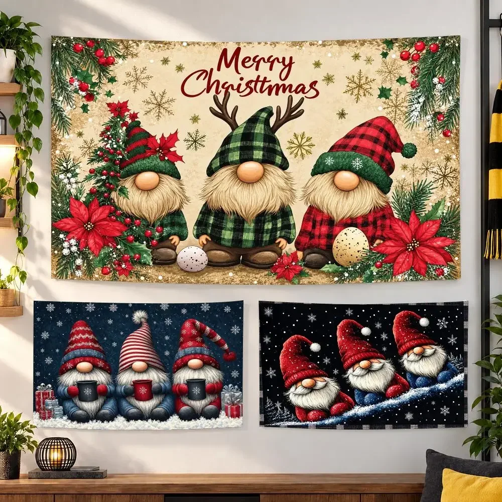 Christmas Santa Gnome Winter Scenes Tapestry Living Bedroom Party Dormitory Interior Wall Bohemian Decora Attached Clip