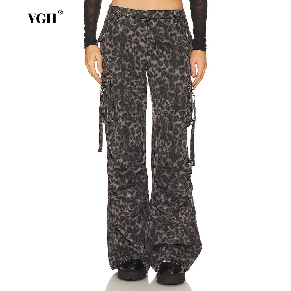 

VGH Leopard Hit Color Loose Cargo Pants For Women High Waist Patchwork Pockets Streetwear Wide Leg Trousers Female 2024 Style