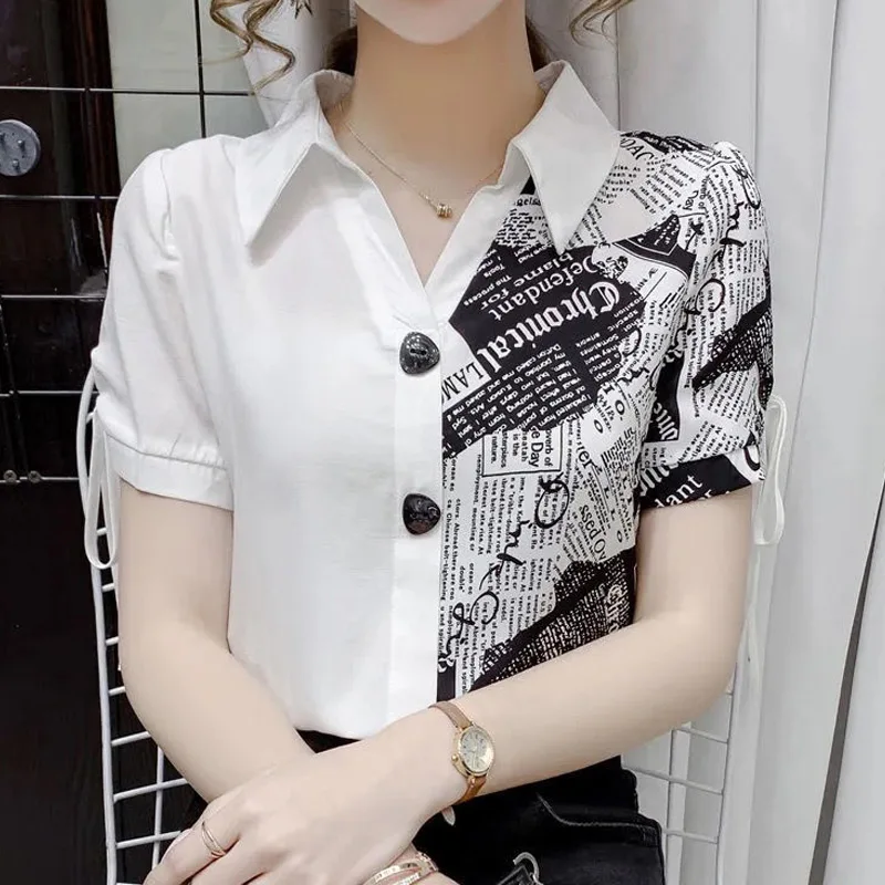 

Patchwork Contrast Blouse Summer New Short Sleeve Asymmetrical Printing Slim Elegant Shirt Tops Fashion Casual Women Clothing