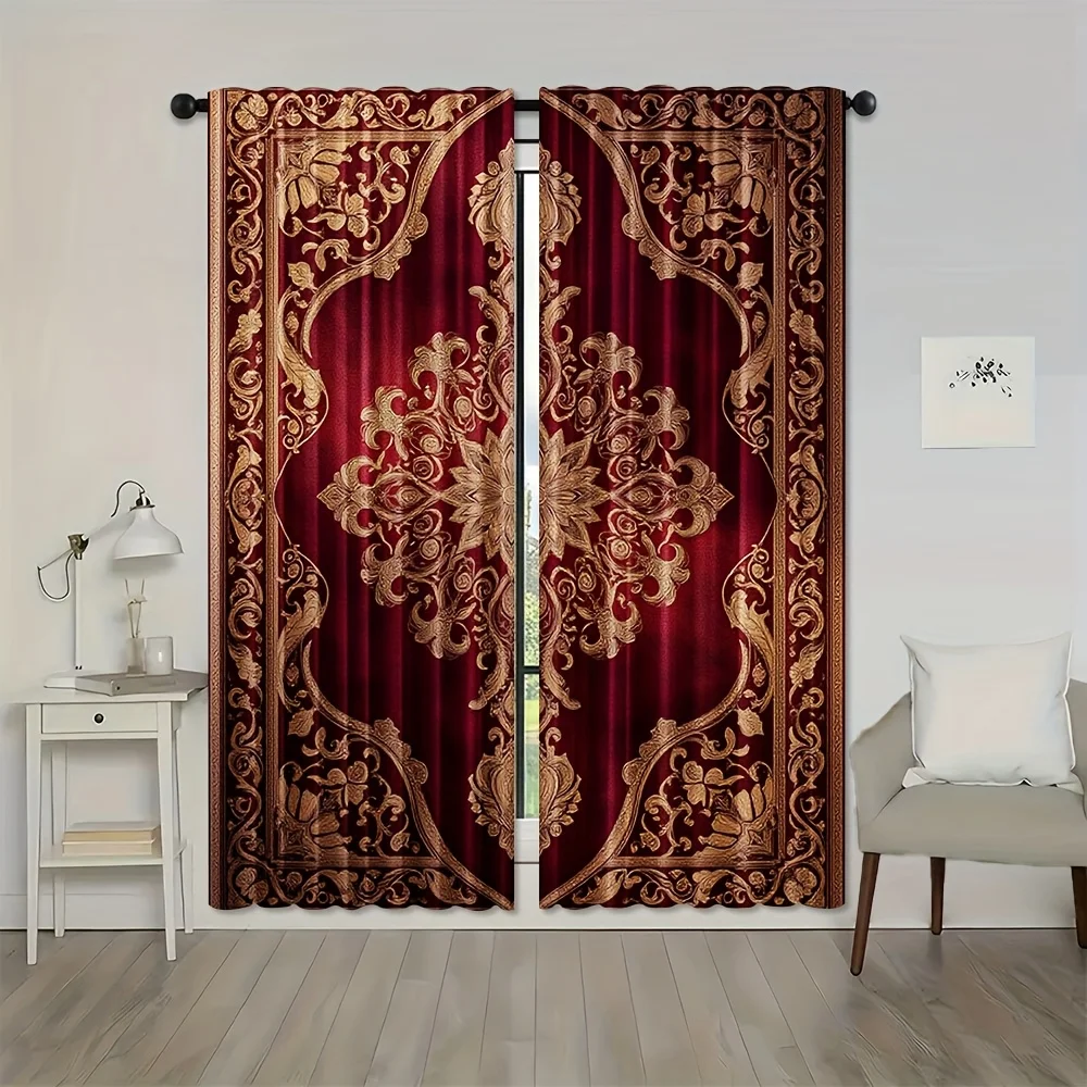 Luxury Maroon Gold Baroque Curtains Pair Damask Print Drapes for Living Room Window Treatments Blackout Thick Panels