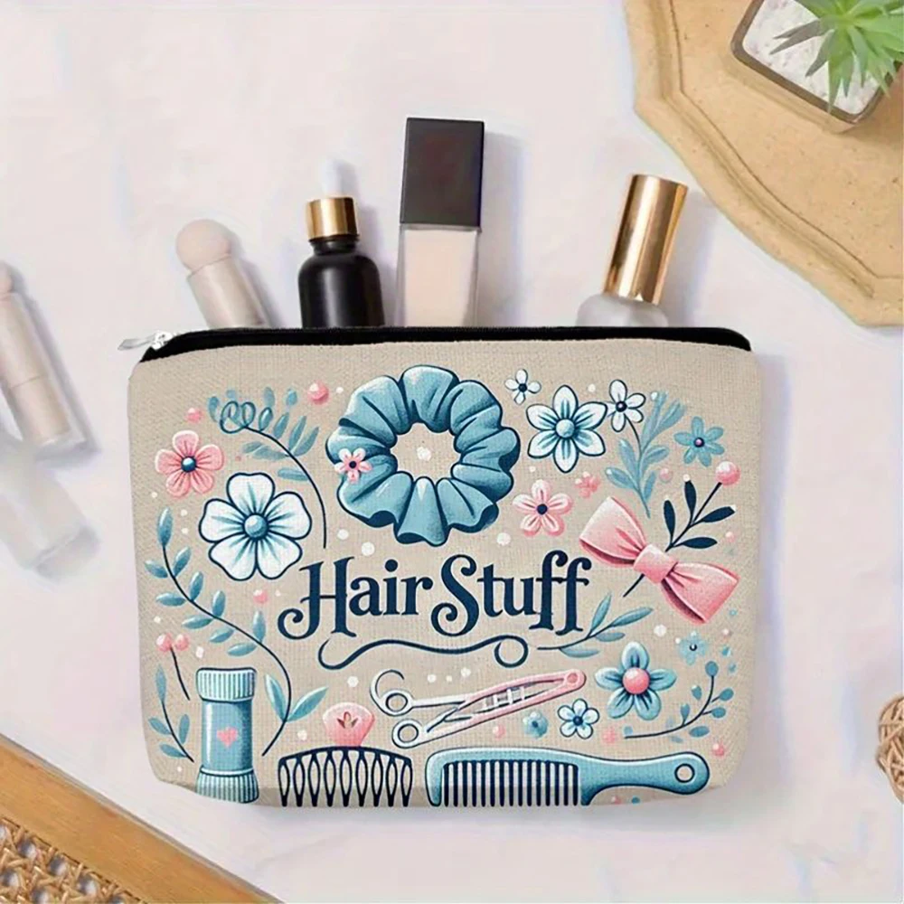 1pc  Floral Hair Stuff Cosmetic Bag, Cute Travel Toiletry Pouch for Hair Accessories