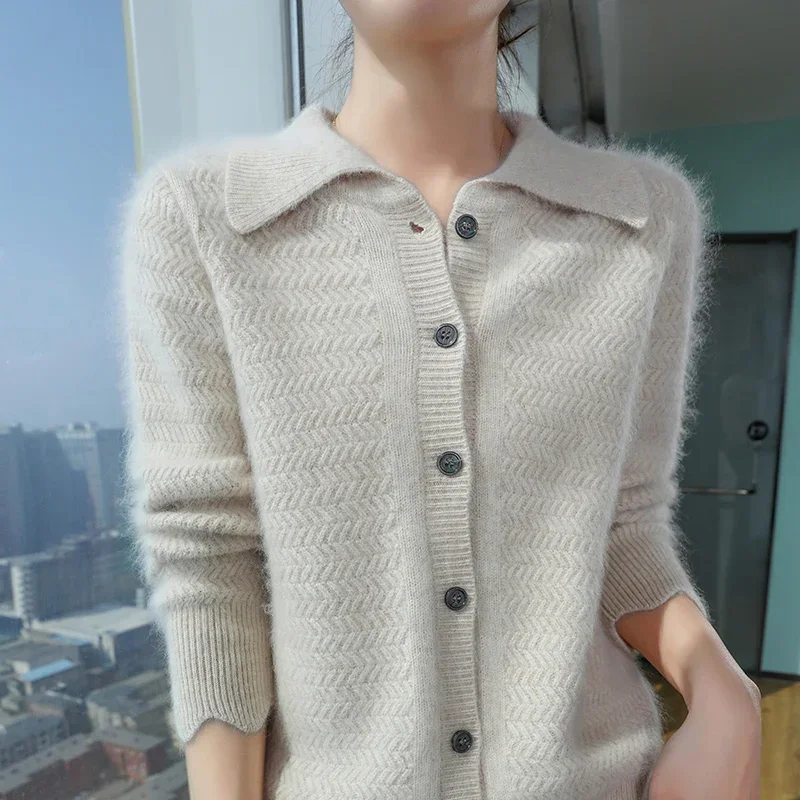 Mink Cashmere Cardigan for Female, Wool Sweater, Thick Coat, POLO Collar, Inside to Wear Outside, New, Autumn and Winter