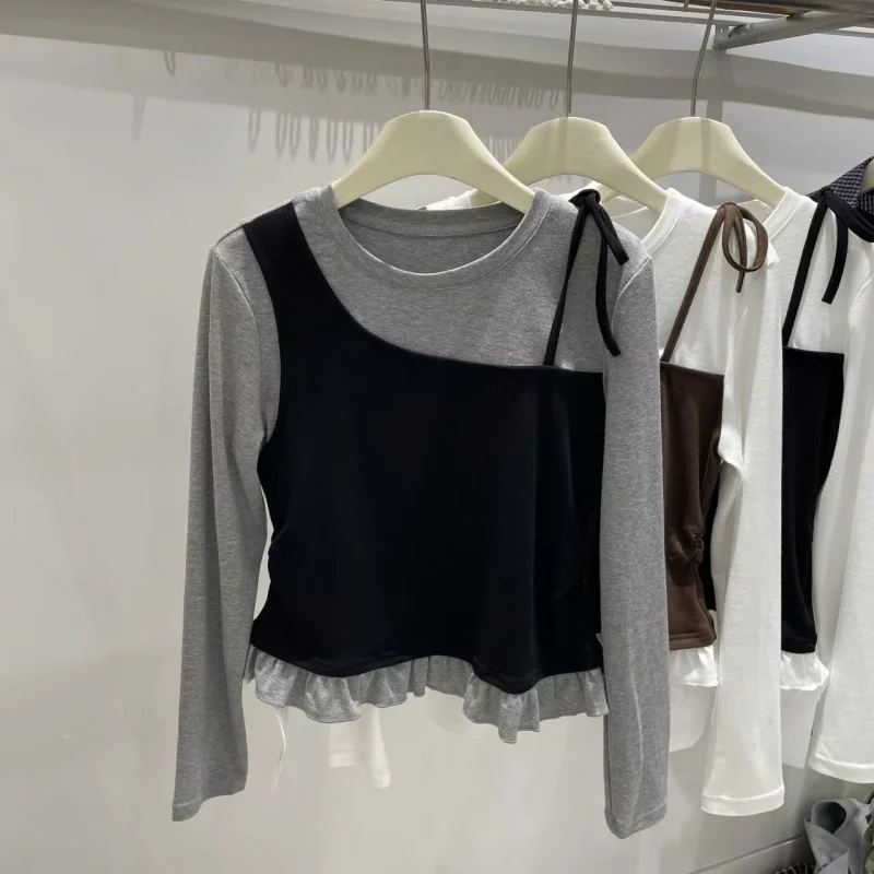 Girls' Spliced Color Blocking Long Sleeved Spring Autumn Outfit New Fake Two-piece Layered Korean Style Little Girl Base T-shirt
