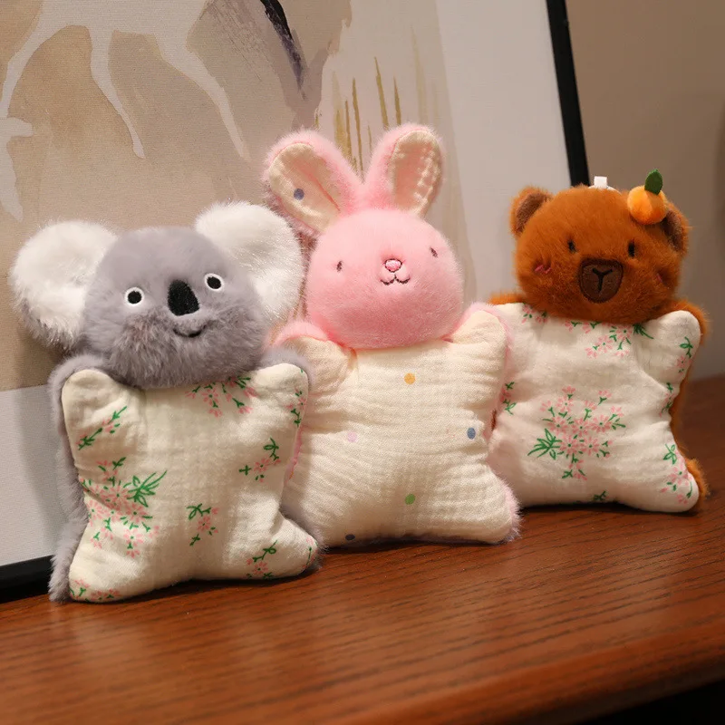 Animal bonito panda coelho toalha calmante dedo fantoche brinquedos de pelúcia simulação macio pelúcia gato capivara bebê brinquedos calmantes presente