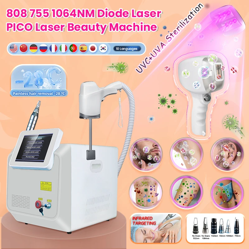 Unique patent DisinfectionDiode Laser Permanent Portable 2 in 1 Pico ND-Yag Laser tat removal and hair removal switched machine