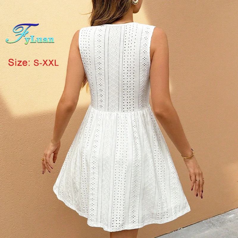 Zomer Zoete Damesjurk Witte V-hals Mouwloos Uitgesneden Splitsen Hoge Taille Kanten Jurk Strandvakantie Fee Stijl Jurk