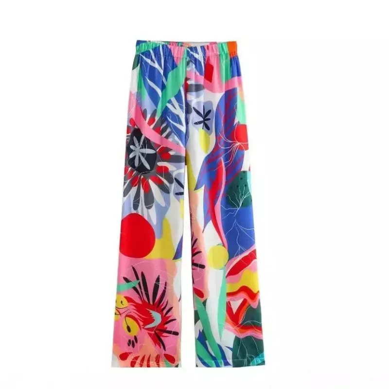 طقم قميص وسراويل نسائي مطبوع من الساتان ، طية صدر بأكمام طويلة ، موضة غير رسمية ، اوربي وأمريكي