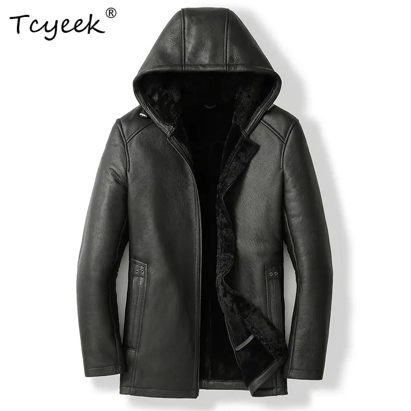 

Tcyeek Куртка из натуральной кожи Мужская зимняя одежда Шуба из натуральной овчины Мотоциклетные куртки средней длины Мужские пальто Куртка Мужская