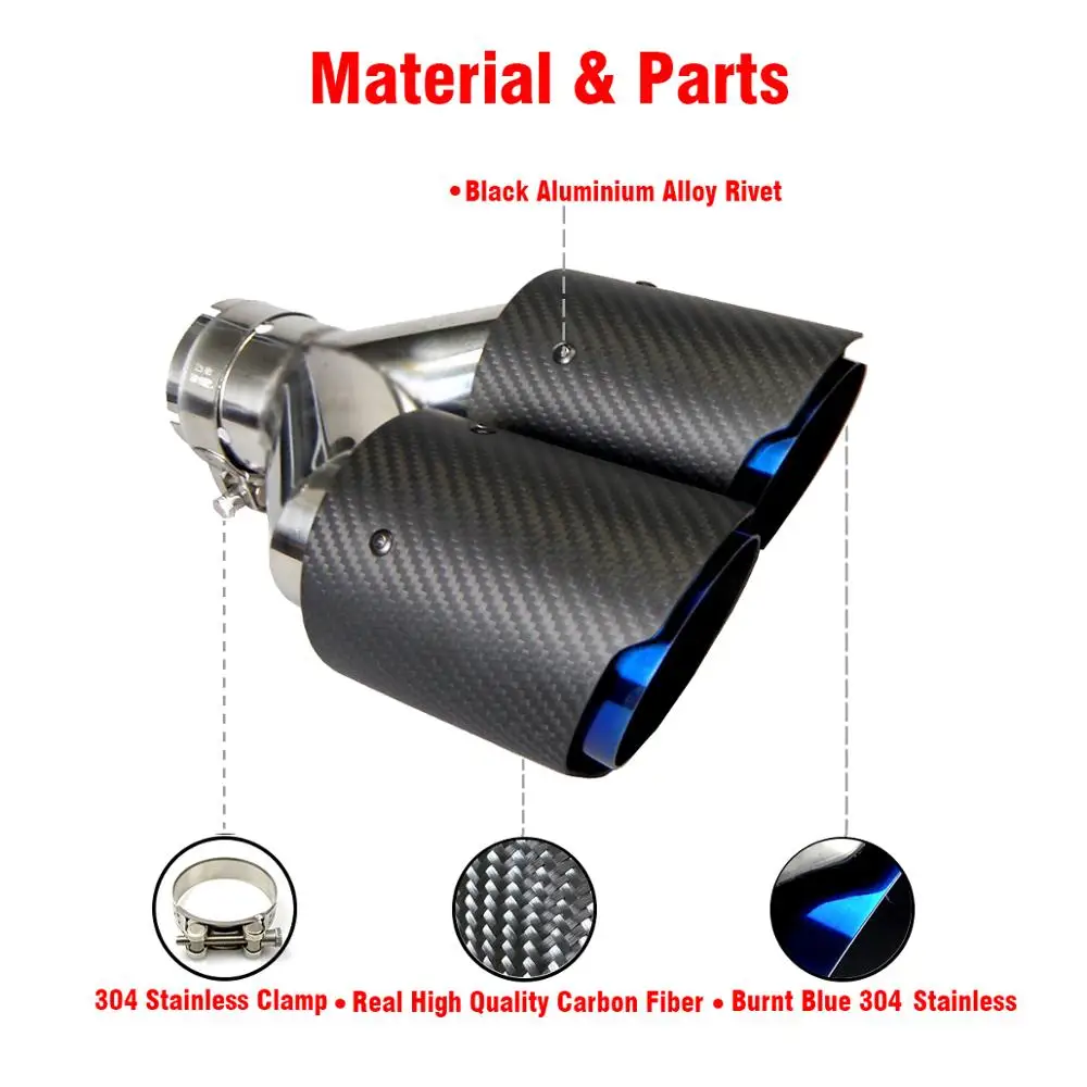 Car Universal Matte Dual Carbon Fiber Exhaust Tip Burnt Blue Stainless Steel Muffler Tip Carbon Fiber Tip  Car Accessories