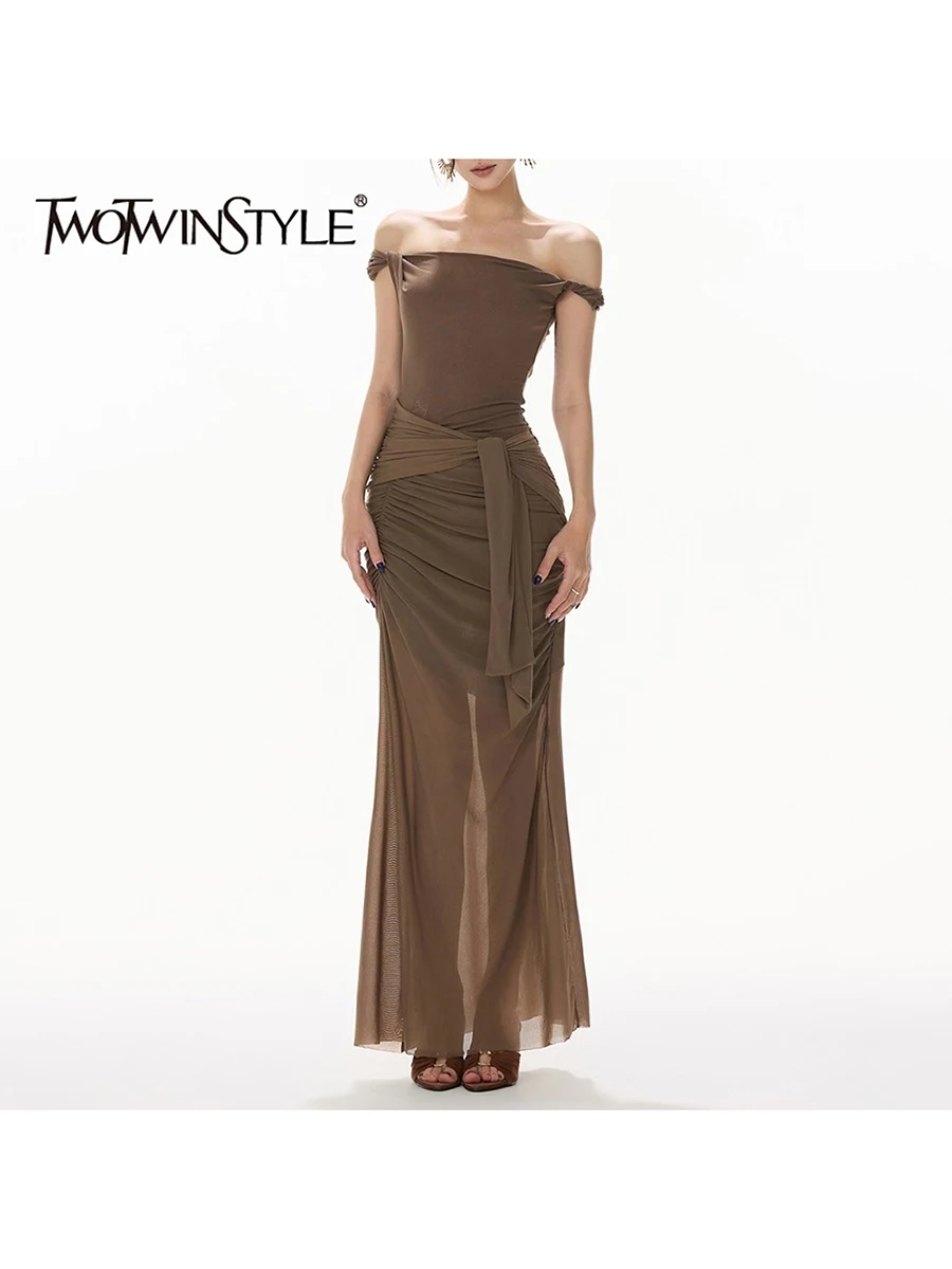 TWOTWINSTYLE 슬리밍 시스루 스플라이스 폴드 섹시 롱 드레스 여성용 슬래시 넥 오프숄더 우아한 드레스 여성 의류 신상품