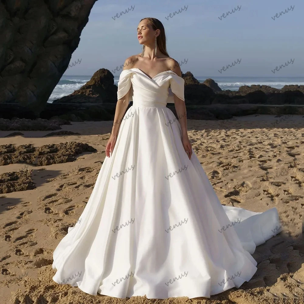 

Classic Wedding Dresses A-Line Satin Bridal Gowns Off The Shoulder Robes Floor Length Backless Glamorous Vestidos De Novia 2024