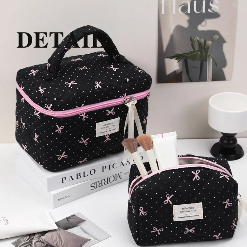 Black Pink Bow Quilted Makeup Bag Polka Dot Daily Cotton Cosmetic Bag Large Coquette Makeup Pouch