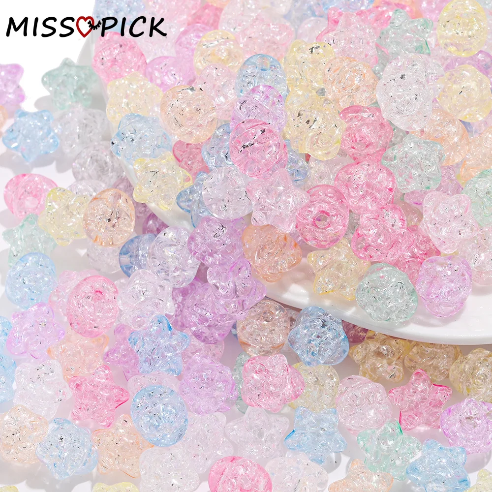 50Pcs 11mm Acrylic Crackle Crystal Stars Beads Mixed Colorful Loose Spacer Beads For Jewelry Making Necklace Bracelets Finding