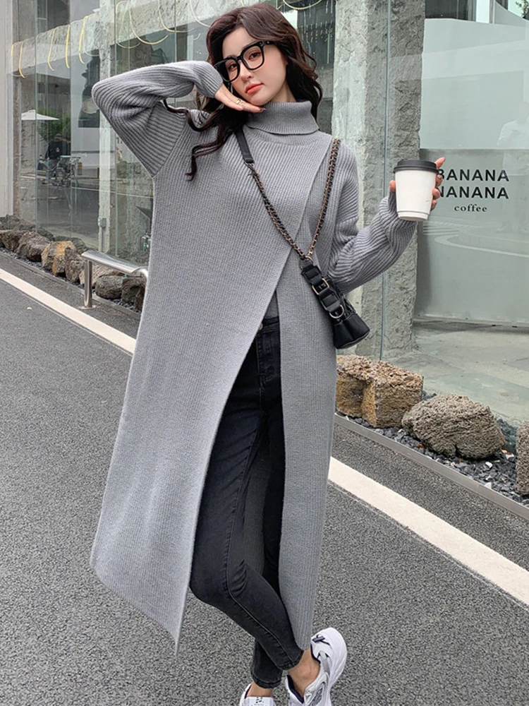 [EAM] Women Orange Knitting Long Slit Big Size Dress New Turtleneck Long Sleeve Loose Fit Fashion Spring Autumn 2024 1DE5886