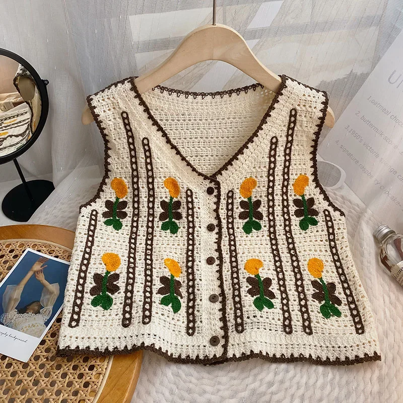 Vintage Floral Crochet Vest for Women Button Front Sleeveless Jacket Tanks Female Summer Fairycore Cottagecore Outfit