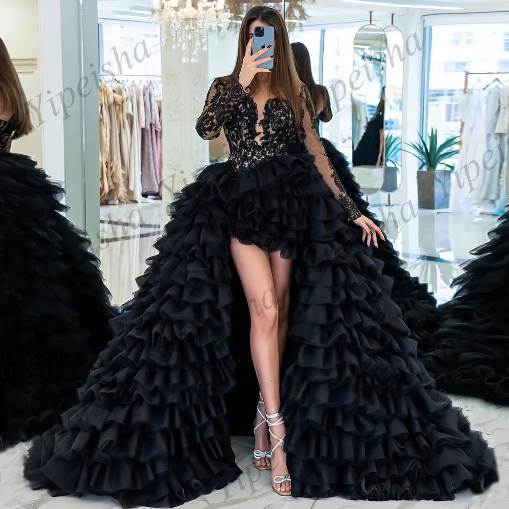 Vestido de noite preto Pageant árabe saudita vestidos de festa personalizado V Neck mangas compridas Beading Lace Ruffles A Line Prom Gown