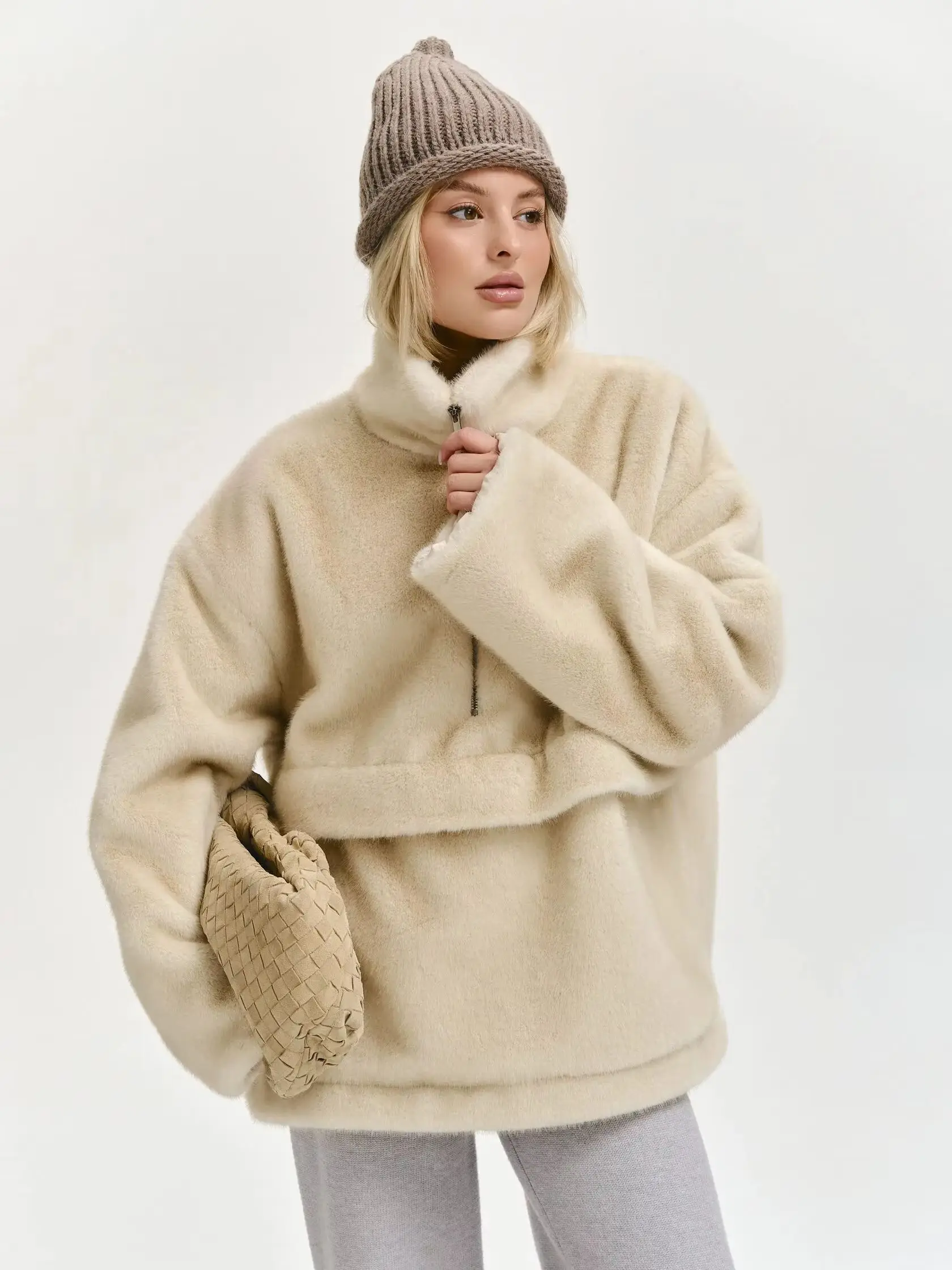 Laur Faux Mink Fur Half Zip Sweatshirt Women Loose Plush Warm Pullover Winter Casual Fluffy Stand Collar Top