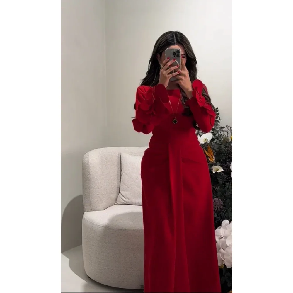 

Red Mermaid Evening Dress Customized Long Sleeves Scoop Neck Pleat Floor Length Jersey Saudi Arab Prom Gown Arabian Formal Dress