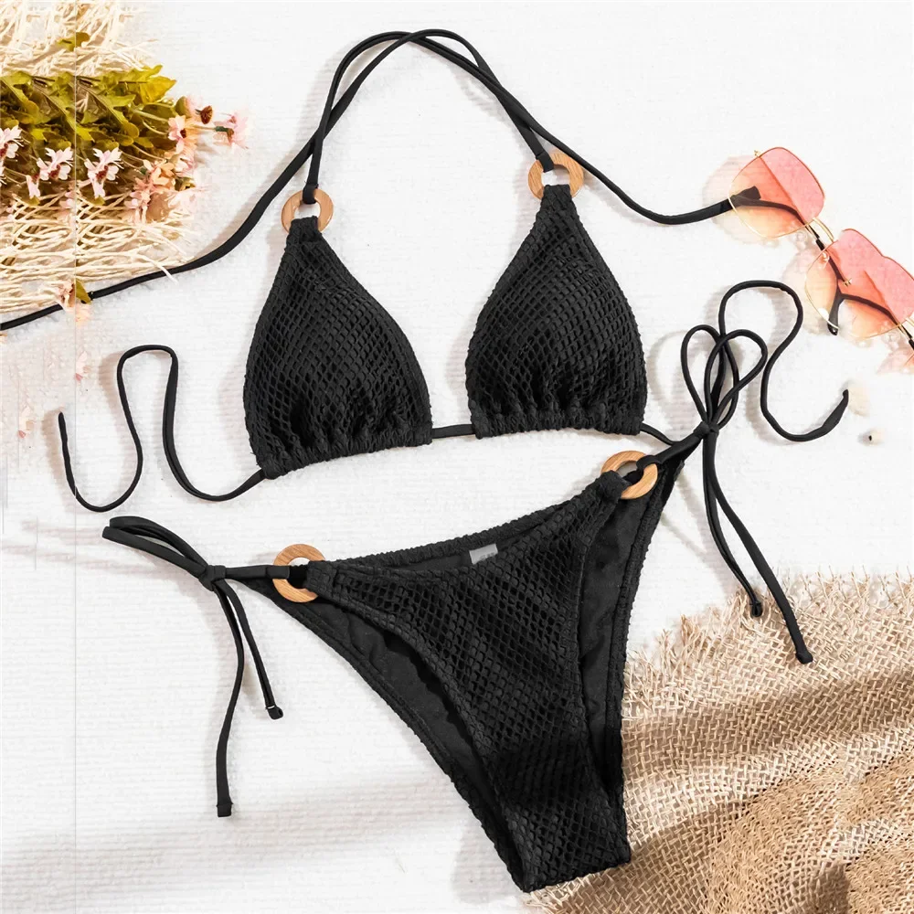Sexy Crochet Hook Micro Thong Bikini String Halter Swimsuit Women Swimwear Bathing Suit Biquinis Triangle Bikinis Set 2024 Mujer
