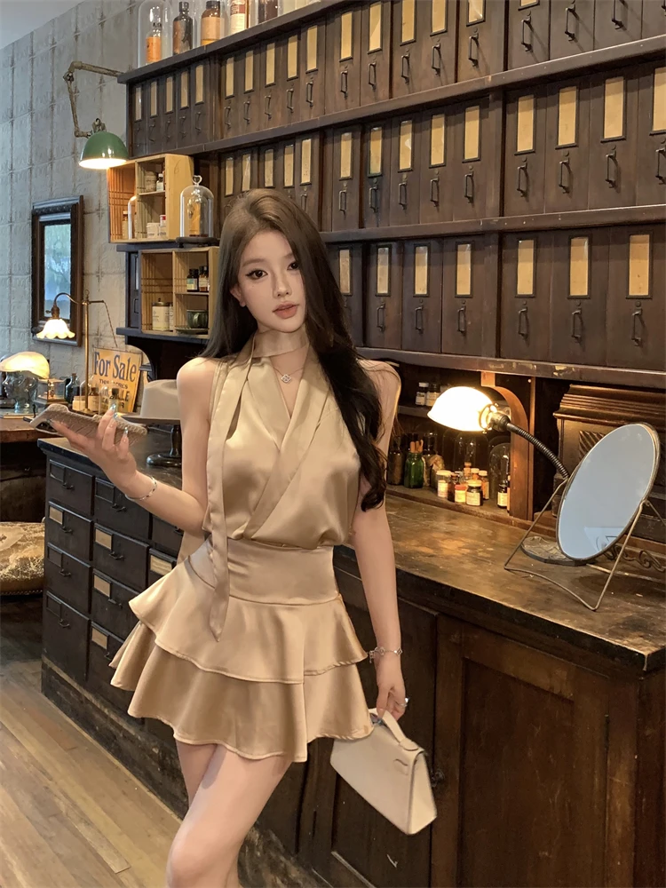 

Топ Ele V-Ne Svel с плиссированной юбкой Sa And ort, комплект из двух предметов для женщин, сексуальное корейское платье Pure Desire, летний комплект...