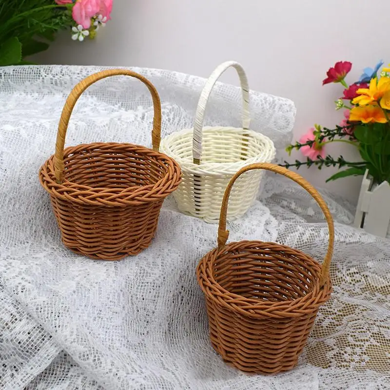 White Flower Girls Basket Weaving Wedding Baskets For Flowers Bride/Kids Hand Held Wedding Basket Cosmetics Storage Basket