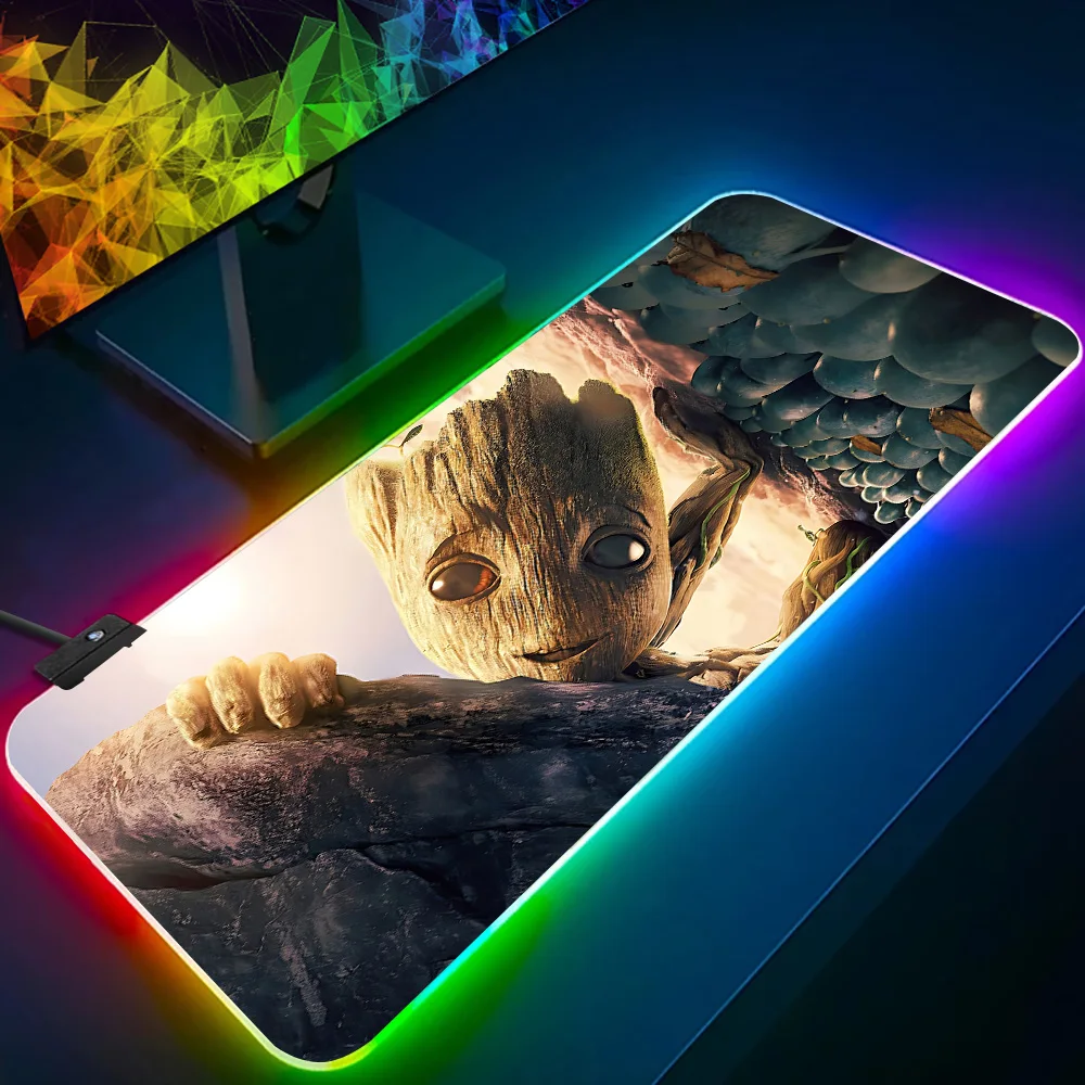 Baby Groots alas Mouse Keyboard Gamer Pc RGB, alas Mouse Pad bercahaya LED, bantalan Mouse game karet komputer