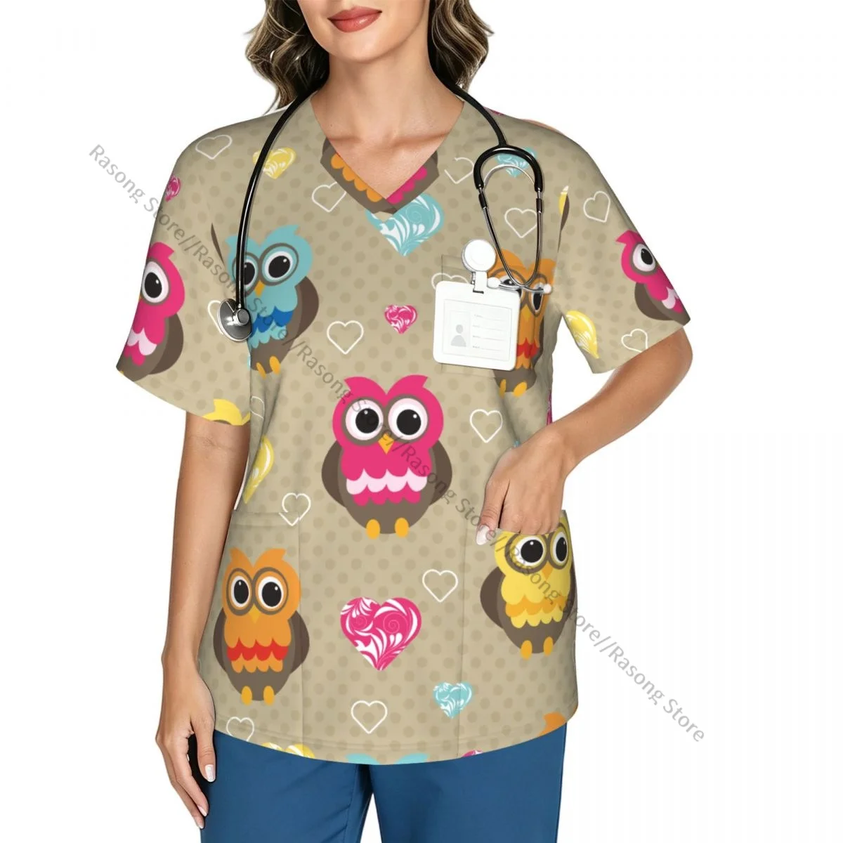 Women Scrubs Blouse Medical Nurse V-neck Clinical Scrubs Top Cute Colorful Owl Operating Room Work T-shirt
