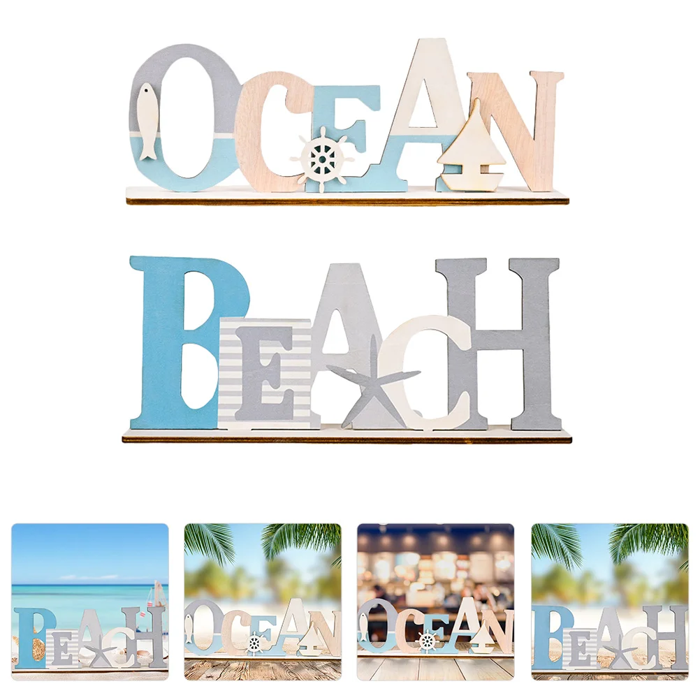 2 PCS Ocean nament Party Desk Decorative Gift Table Decor Mediterranean Style Wooden Beach Sign for Desk Table Decor Sign Home